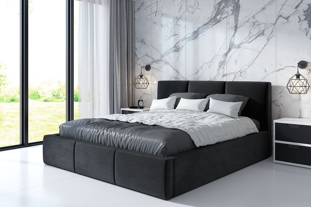 Polsterbett VEROM -OM 140 x 200 mit Bettkasten. Farbe: Schwarz