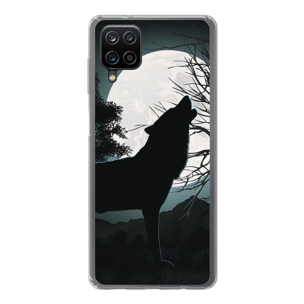 MuchoWow Handyhülle Schutzhülle Hülle für Samsung Galaxy A12 Wolf - Scherenschnitt - Mond Silikon Softcase Handy Hülle - Bild