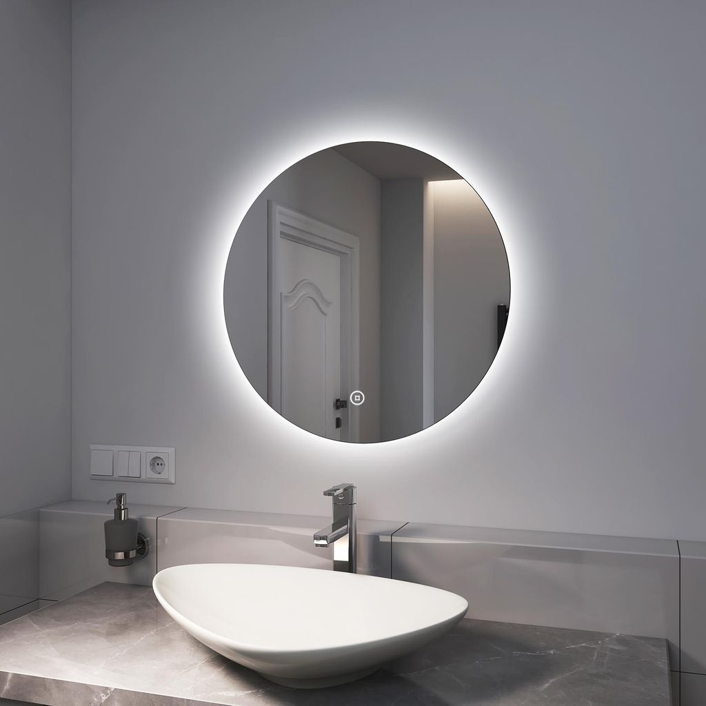 EMKE LED Badspiegel 60cm Badspiegel mit Beleuchtung 6500K Lichtspiegel Badezimmerspiegel rund Wandspiegel mit Touchschalter IP44 Energiesparend