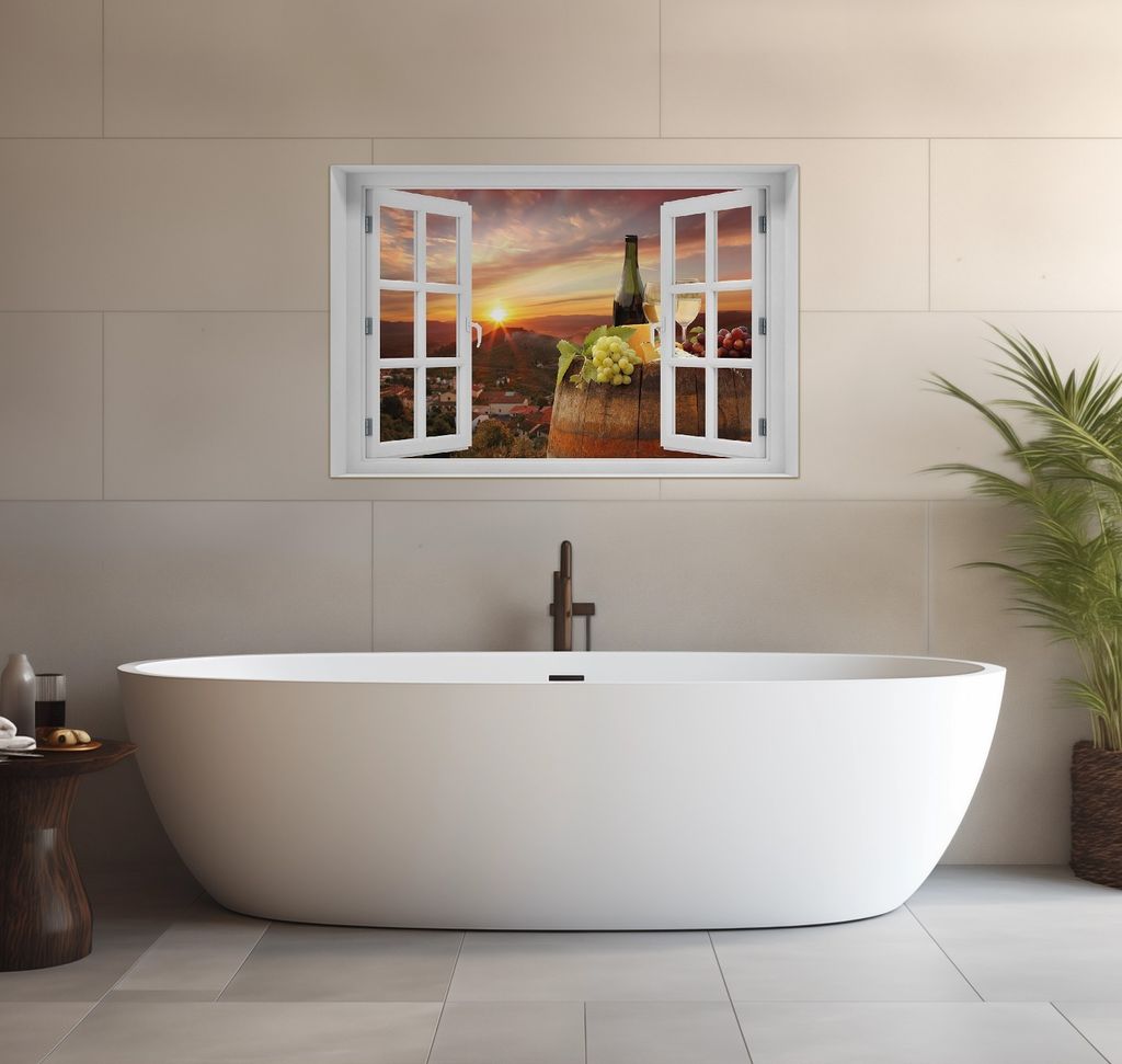 Wallario wasserfestes Poster selbstklebend 91,50 x 61 cm, Wein Romantik - Weißwein mit Käse auf einem Fass, Badezimmerposter Spritzschutz mit Hoc...
