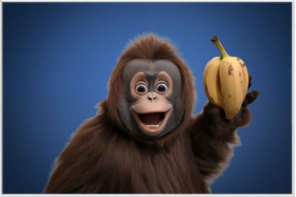 Wallario Wandbild Lustiger Affe mit Bananen, Größe: 61 x 91,50 cm, Poster mit weißem Aluminiumrahmen