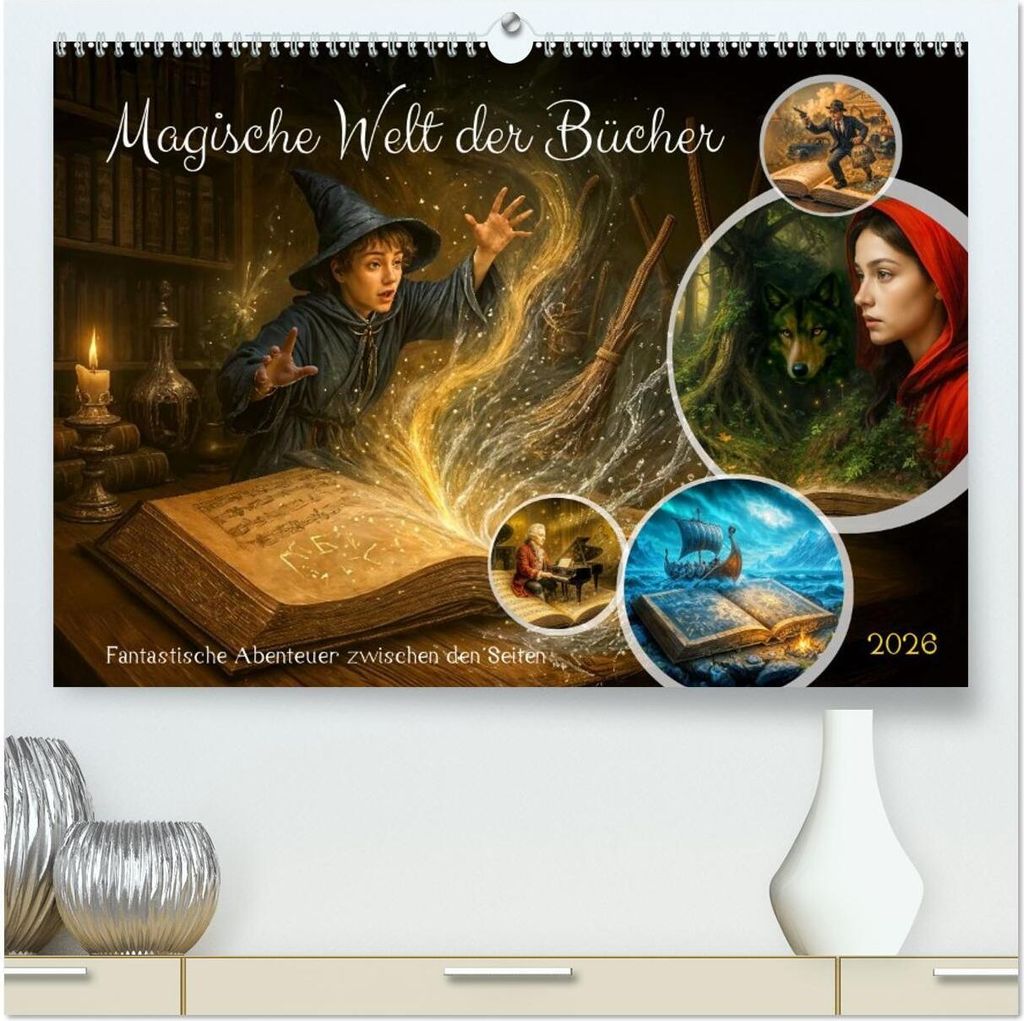 Magische Welt der Bücher - Fantastische Abenteuer zwischen den Seiten (hochwertiger Premium Wandkalender 2026 DIN A2 quer), Kunstdruck in Hochglanz