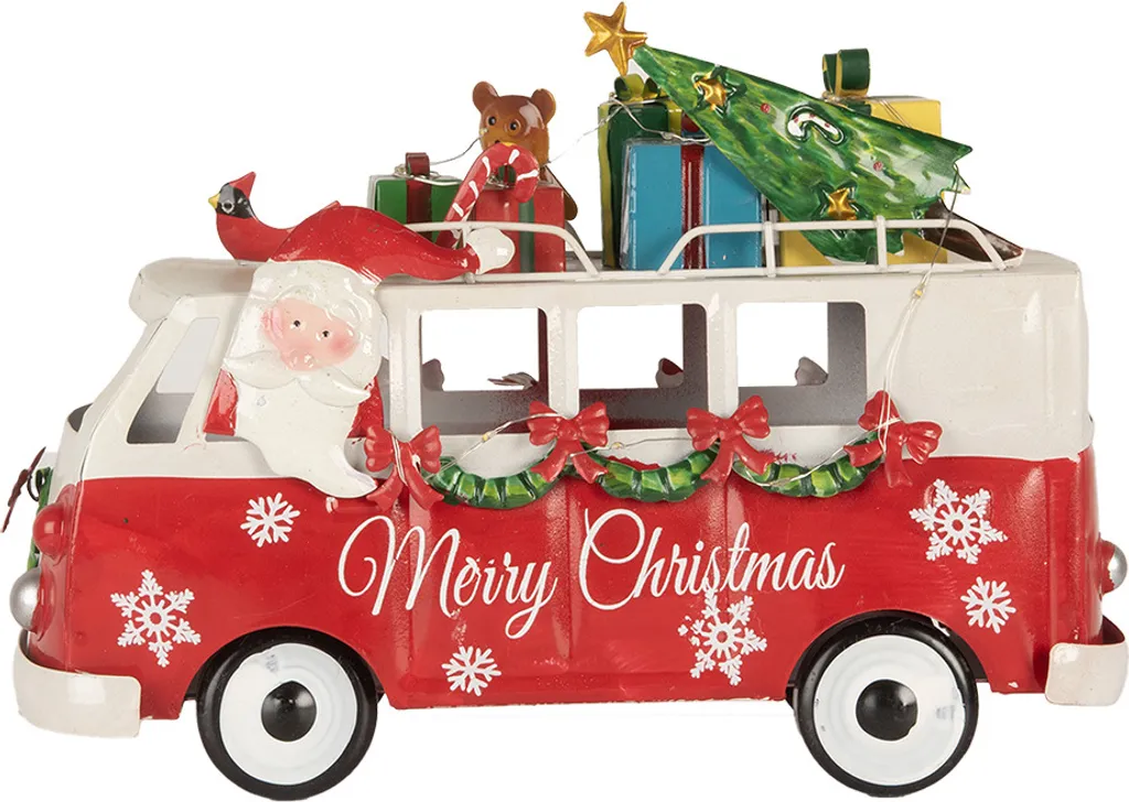Décoration de Noël Lumineuse Bus Vintage Rouge Métal avec Éclairage LED
