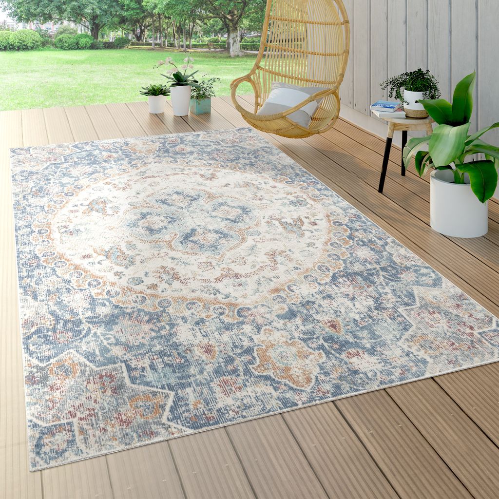 In- & Outdoor-Teppich Für Balkon Terrasse, Kurzflor Mit Orient-Muster In Blau Grösse 80x150 cm