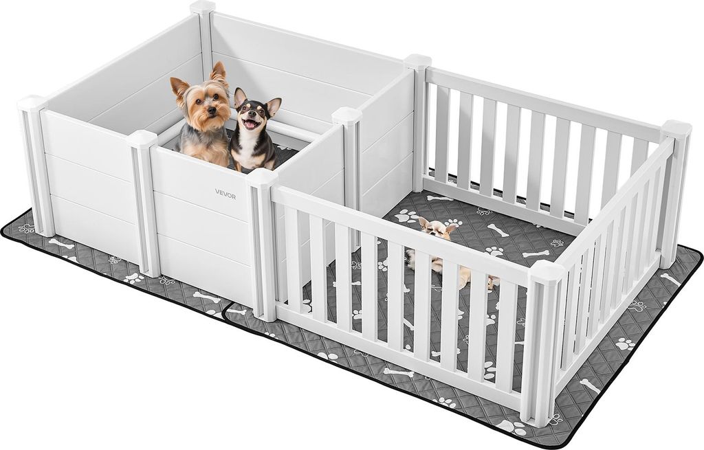 Two white dog crates are shown side-by-side on a gray mat with a bone and paw print pattern. Two small dogs are in the left crate, and one small dog is in the right crate.