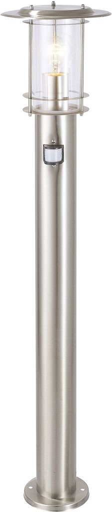 A stainless steel outdoor standing lamp with a glass shade and a motion sensor.