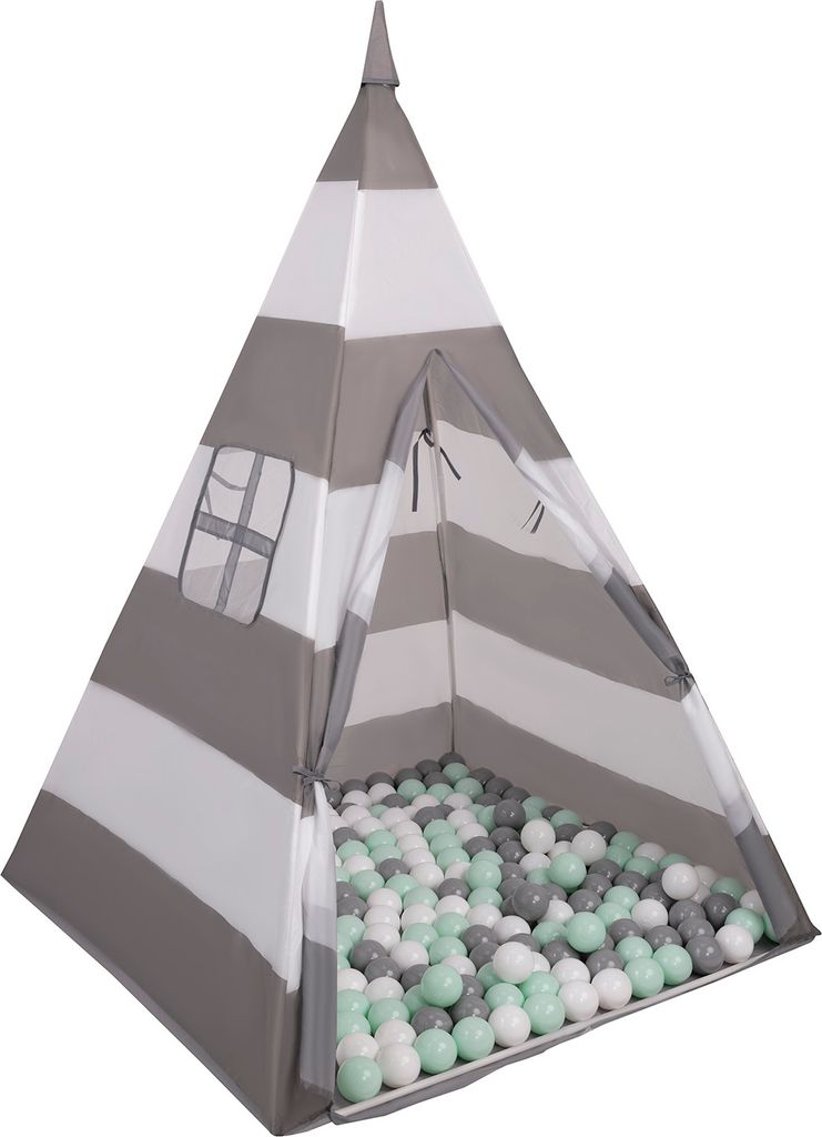 Selonis Tipi Spielzelt Mit 400 Bälle 6 Cm zelt Für Kinder, Grau-Weiße Streifen:Weiß/Grau/Mint