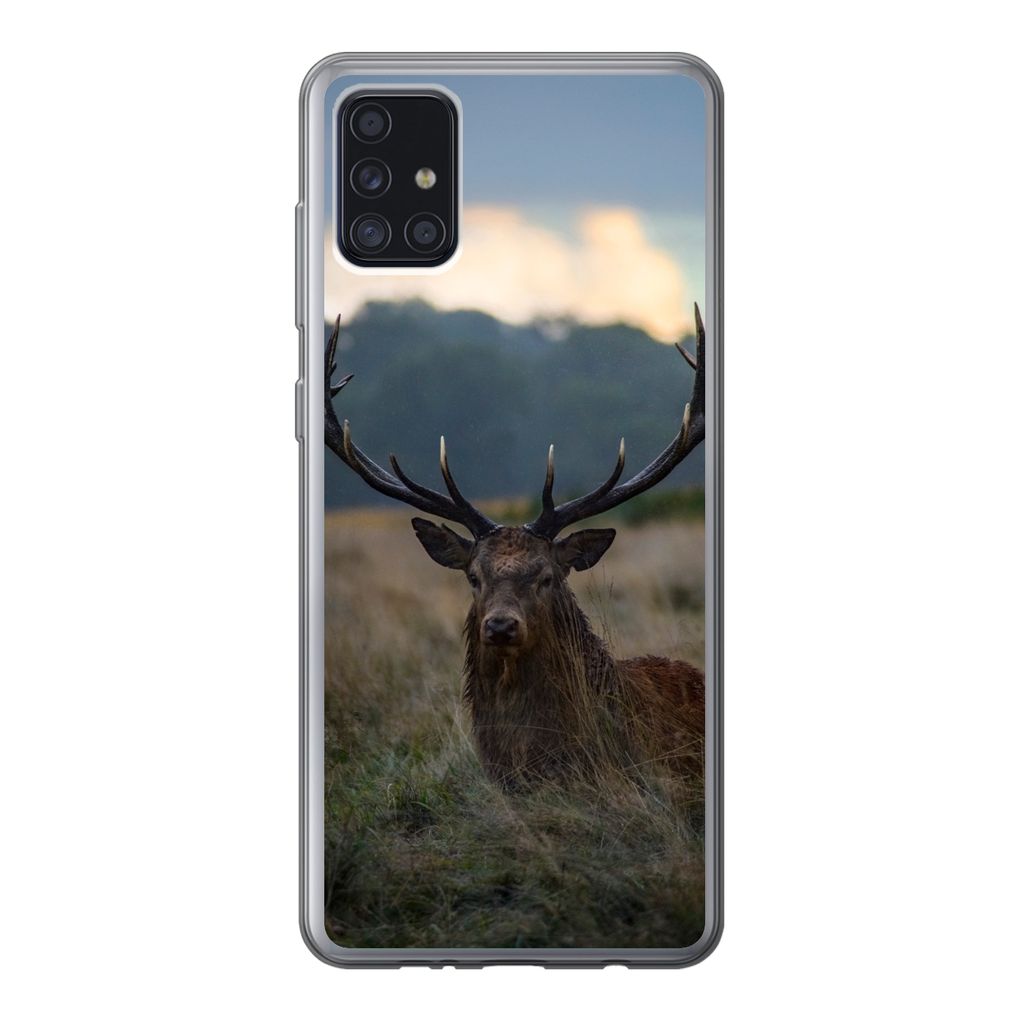 MuchoWow Handyhülle Schutzhülle Hülle für Samsung Galaxy A52 5G Hirsch - Wiese - Geweih Silikon Softcase Handy Hülle - Umschlag