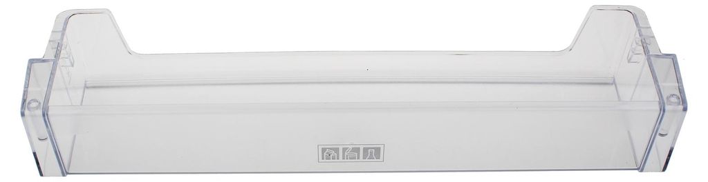 A clear, studio shot of a transparent plastic refrigerator door shelf against a white background.