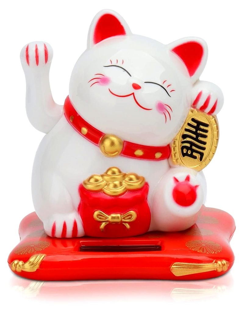 Winkende Katze, Solarbetriebene Glückskatze mit beweglichem Arm, Feng Shui Dekoration für Auto, Zuhause, Büro und Geschäft, Weiß