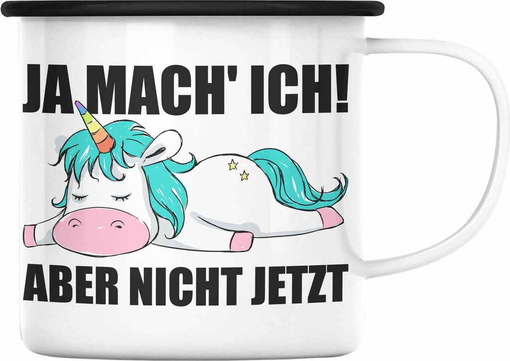 Trendation - Lustige Emaille Tasse mit Spruch Einhorn Mitarbeiter Arbeitskollege Geschenk Kollegin (Schwarz)
