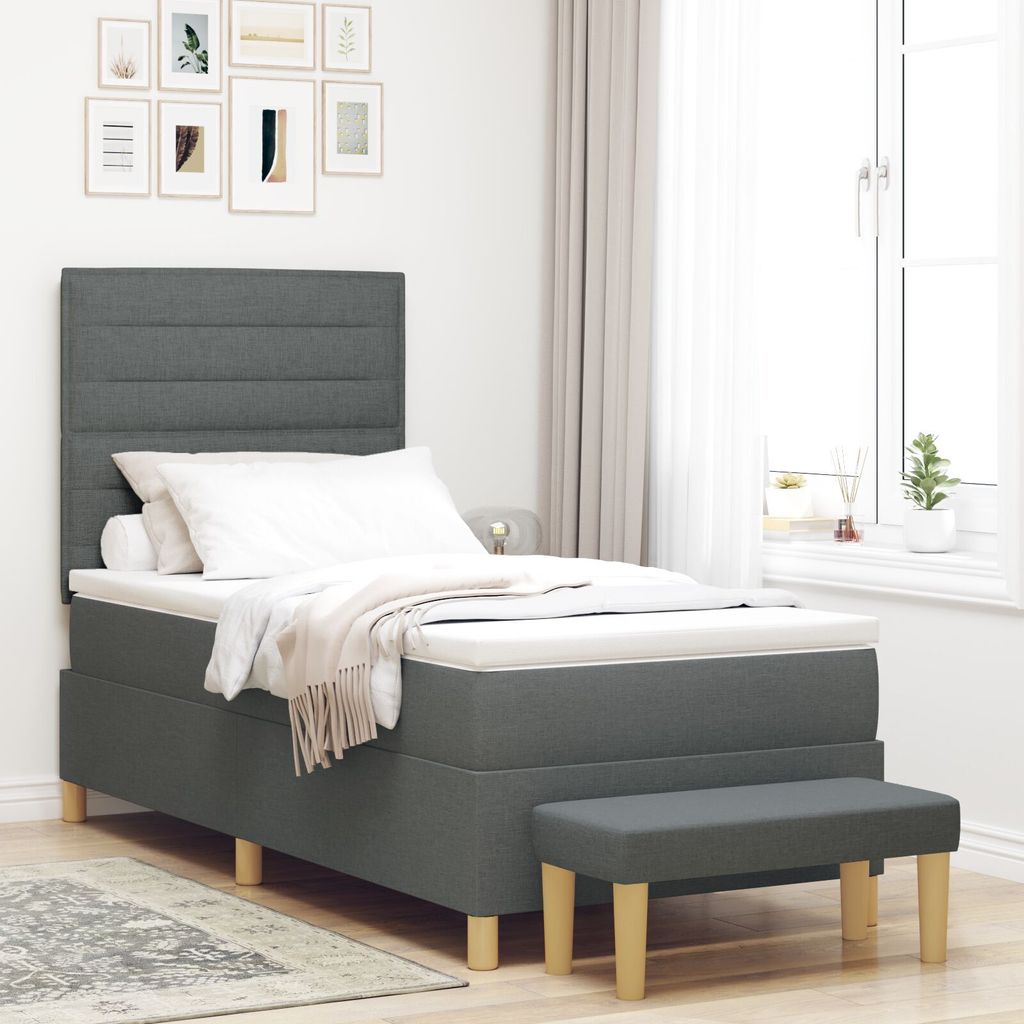 Möbel Boxspringbett mit Matratze & Bank Dunkelgrau 90x190 cm Stoff - Klassische Betten 3344185