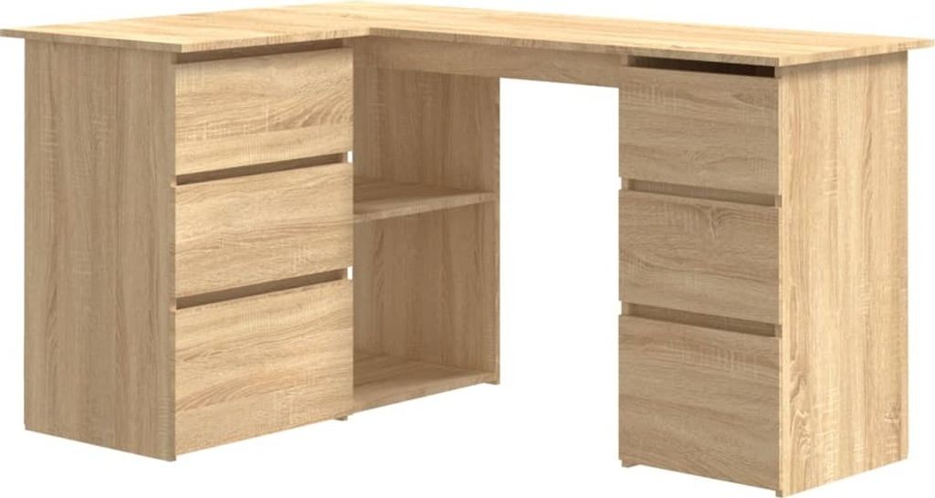 A light oak L-shaped desk with drawers and shelves.
