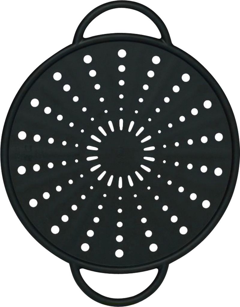 A black splatter guard with a perforated pattern and two handles, shown from a top-down perspective against a white background.