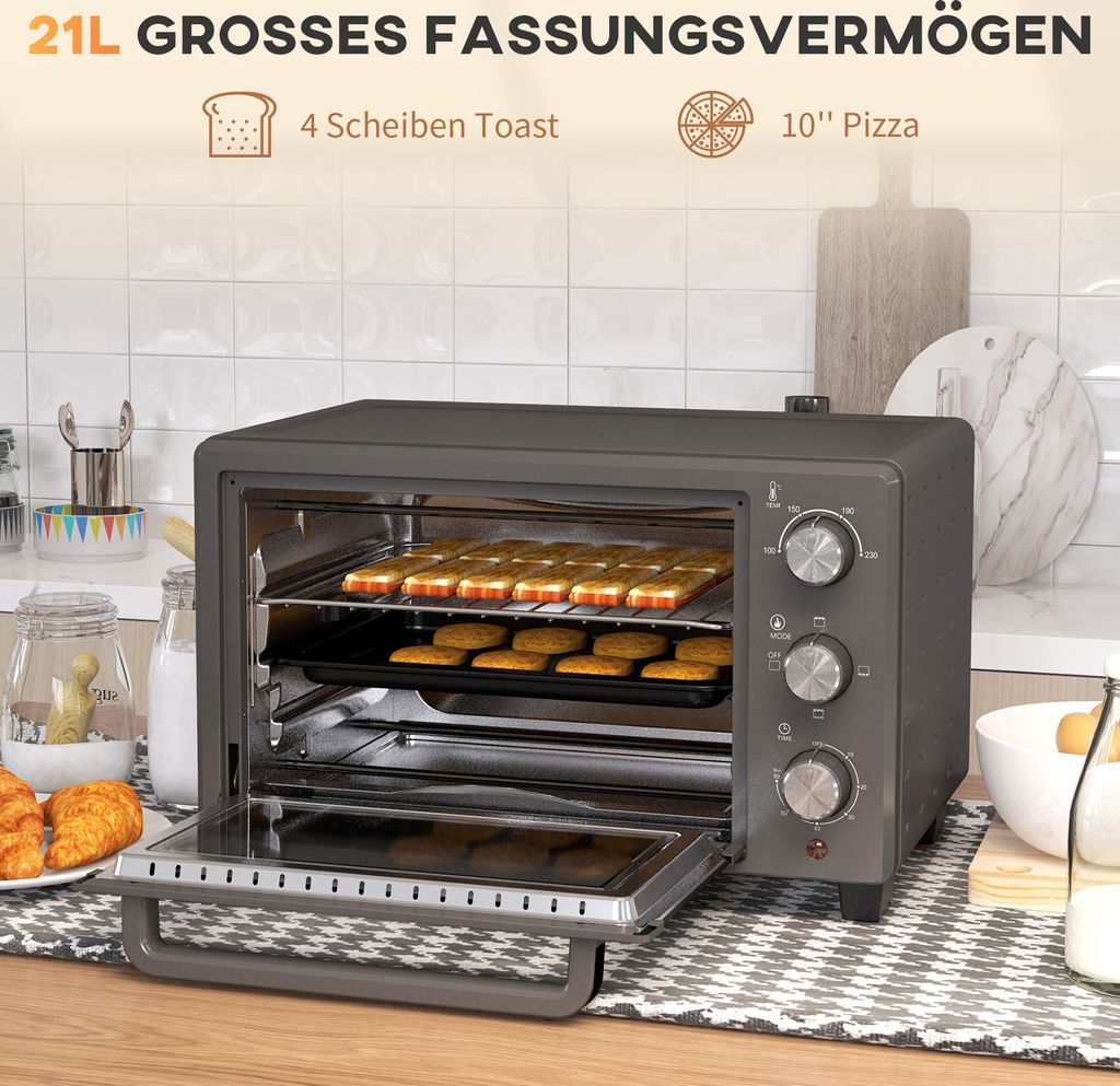 HOMCOM Minibackofen 9L Mini Ofen mit Backblech, Grillrost, 100 °C-230 °C, mit einstellbar Temperatur und Garzeit, 60 Min. Timer, 750W, Edelstahl, Silber