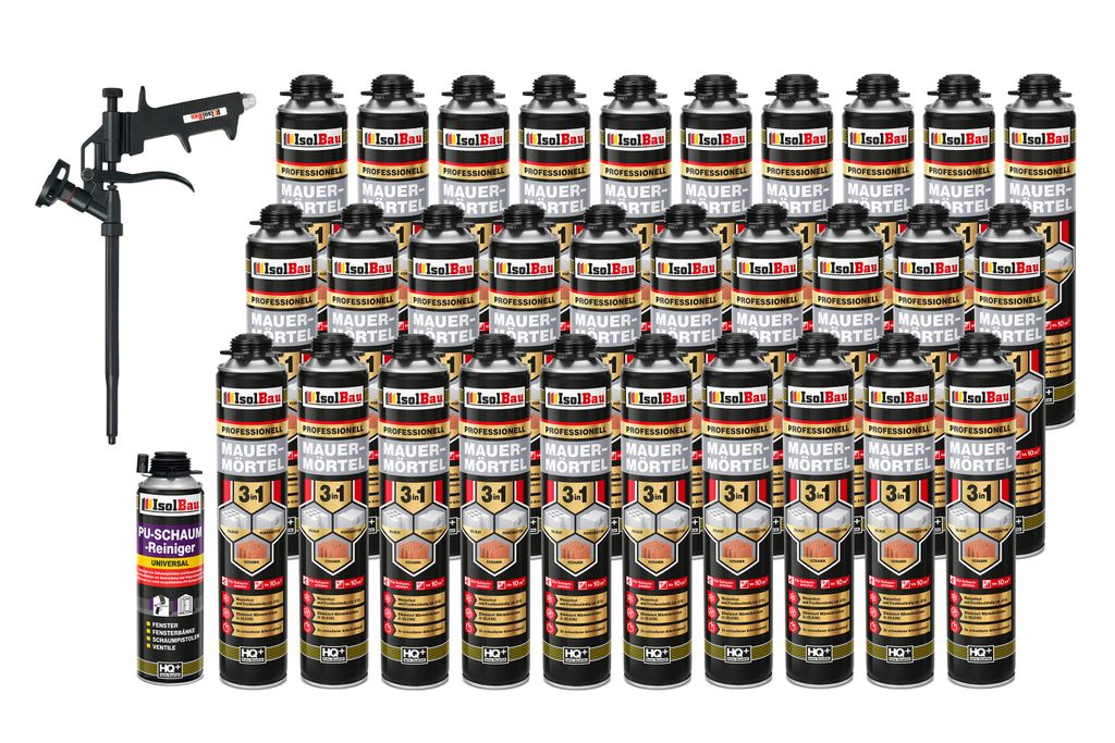 Isolbau Mauermörtel Pistolenschaum SET - Teflon Schaumpistole, PolyurethanReiniger Montageschaum Klebeschaum PolyurethanMörtel 30 x 750ml
