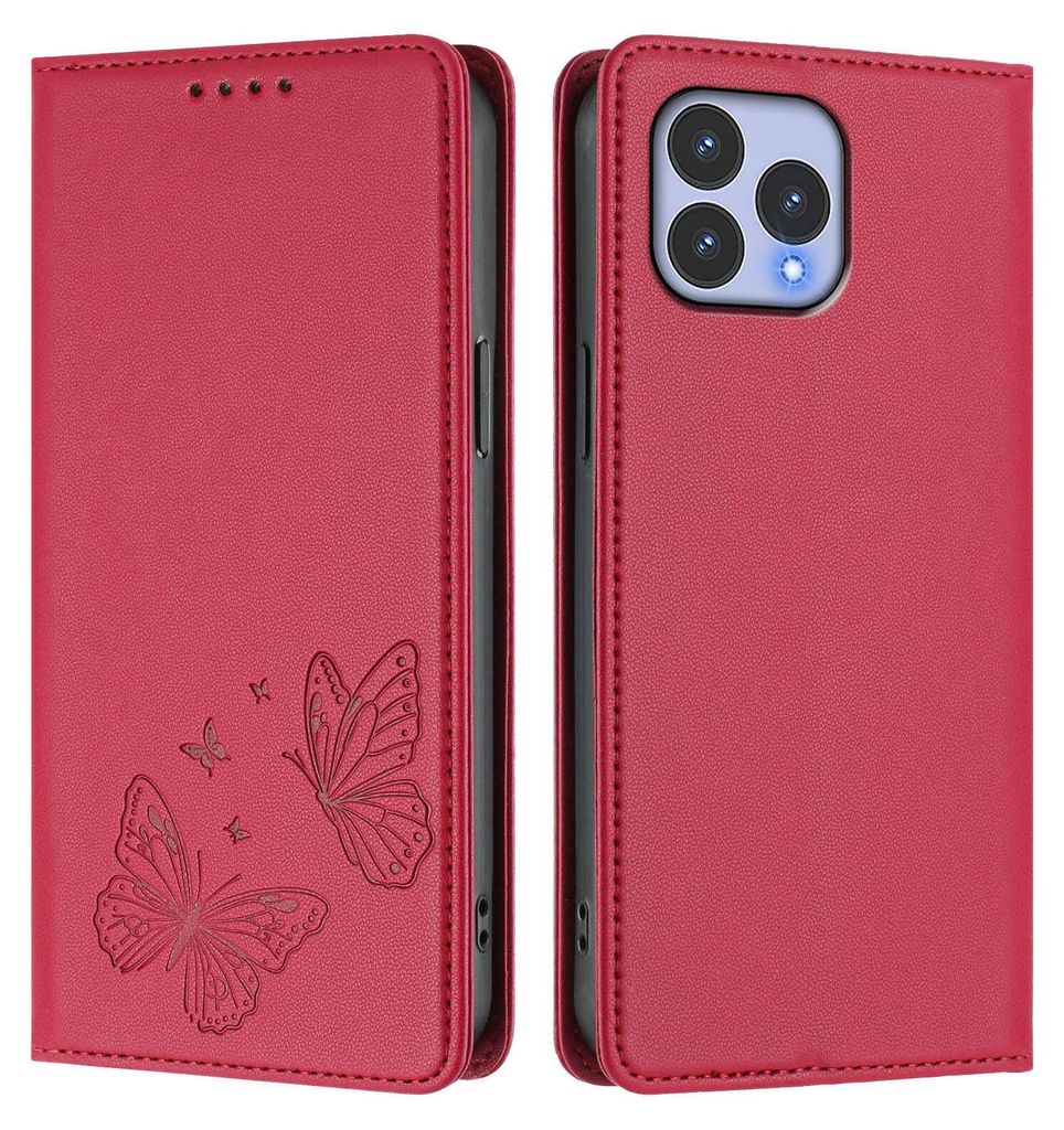 Lederhülle für Wiko T60, Schmetterling Prägung Leder Brieftasche Schutzhülle mit Ständer Rot