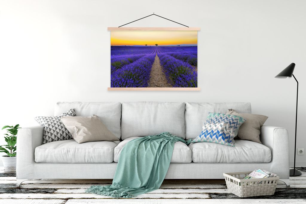 MuchoWow Textilposter Frankreich - Lavendel - Farben 120x80 cm mit holzfarbenen Rahmen - Aufhängeset