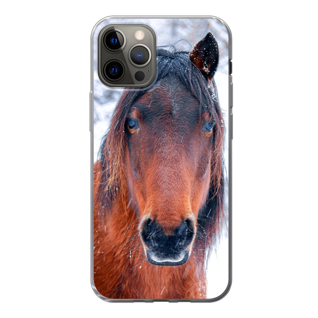 MuchoWow Handyhülle Schutzhülle Hülle für iPhone 12 Pro Pferd - Winter - Schneeflocke Silikon Softcase Handy Hülle - Abdeckung