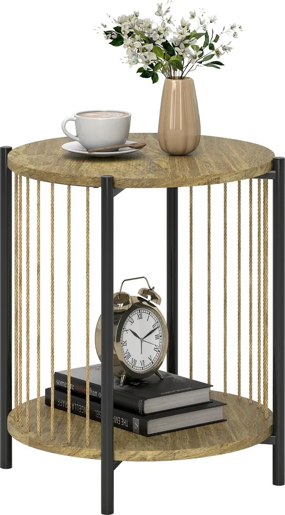 Bout de canapé rond double plateau bois beige 43x51 cm meuble de salon