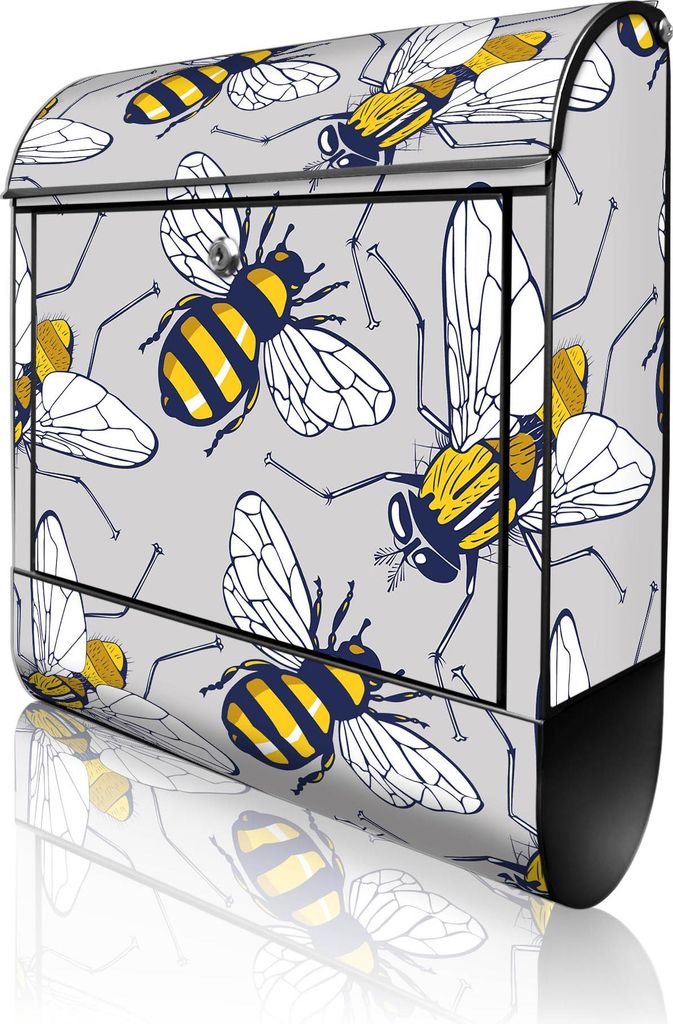 banjado Design Briefkasten Stahl schwarz mit Zeitungsfach pulverbeschichtet "Fliegen und Bienen" 38x46x12,5cm & 2 Schlüssel - Postkasten A4 Einwur...