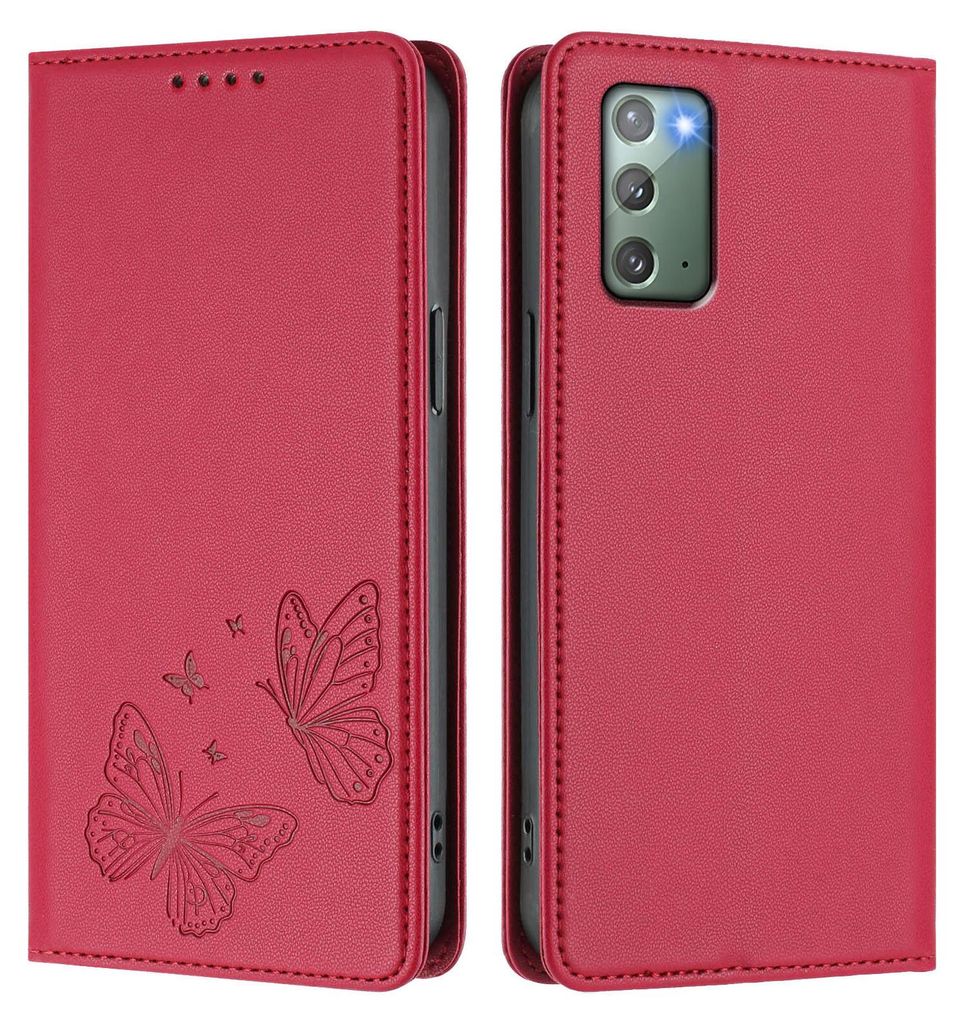 Lederhülle für Samsung Galaxy Note 20, Schmetterling Prägung Leder Brieftasche Schutzhülle mit Ständer Rot