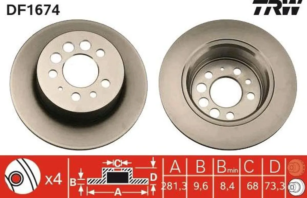Disque de frein arrière plein TRW DF1674 compatible Volvo série 700 et 900