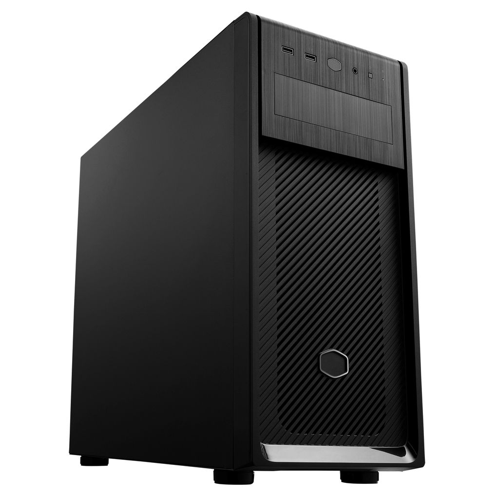 A black computer tower case is shown from a three-quarter angle against a white background.