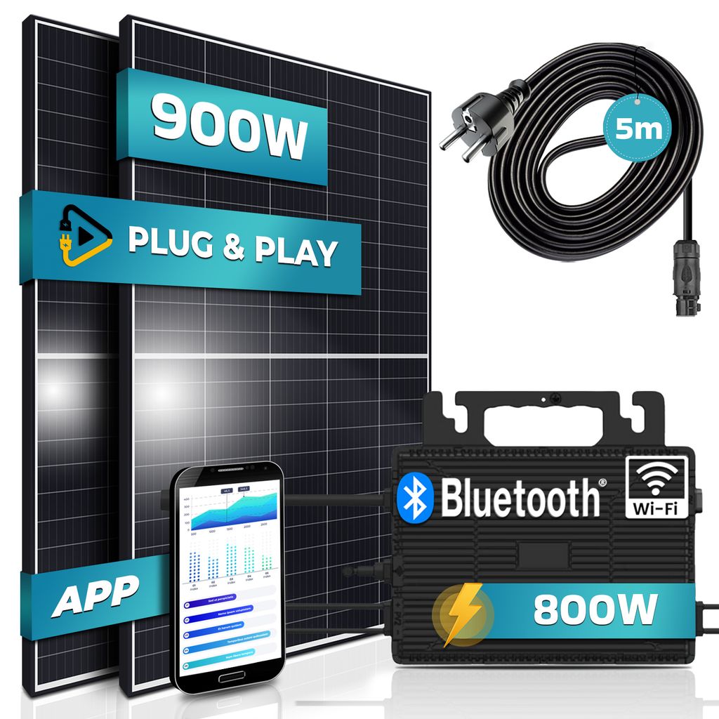 SUNNIVA 900W Balkonkraftwerk komplett Steckdose - ASTRO-ENERGY 800W Wechselrichter - PV Solaranlage, 2x 450W Solarmodule, 5m Kabel - Bluetooth WIFI