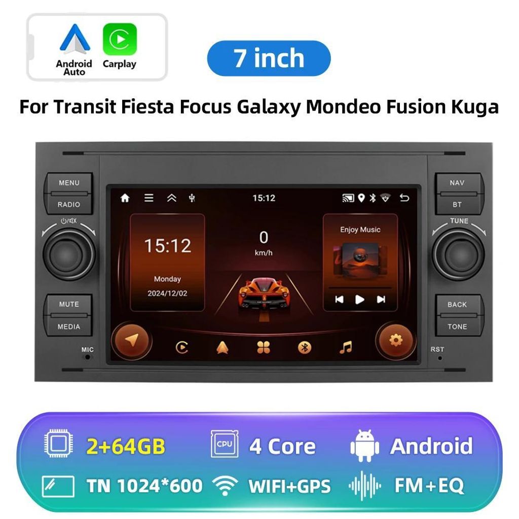 Android Autoradio mit CarPlay - Doppel-DIN - 23 cm Touchscreen - CarPlay & Android Auto - 6 GB RAM 128 GB ROM - 1024×600 - GPS Navigation - 4×45 ...