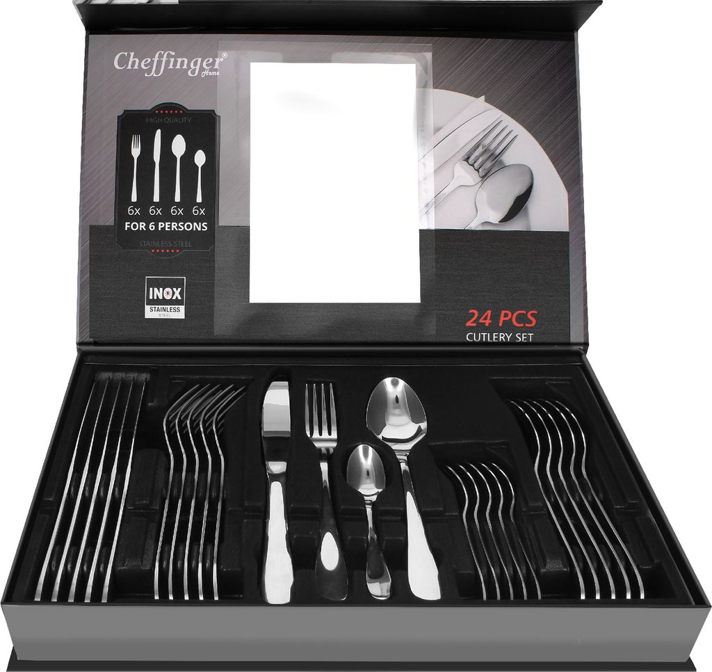 Cheffinger, 24 teiliges Besteckset für 6 Personen Elegantes Design, Silber