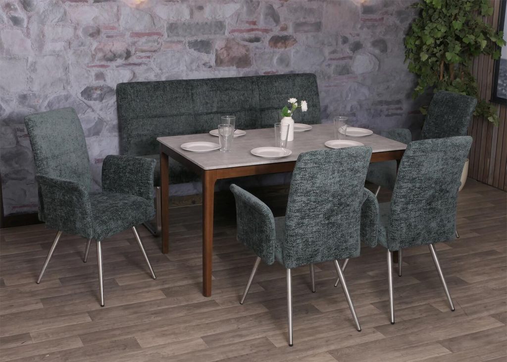 Esszimmer-Set MCW-G55, 4er-Set Stuhl mit Armlehne+Sitzbank 160cm, Edelstahl gebürstet Stoff/Textil Chenille blau-grün