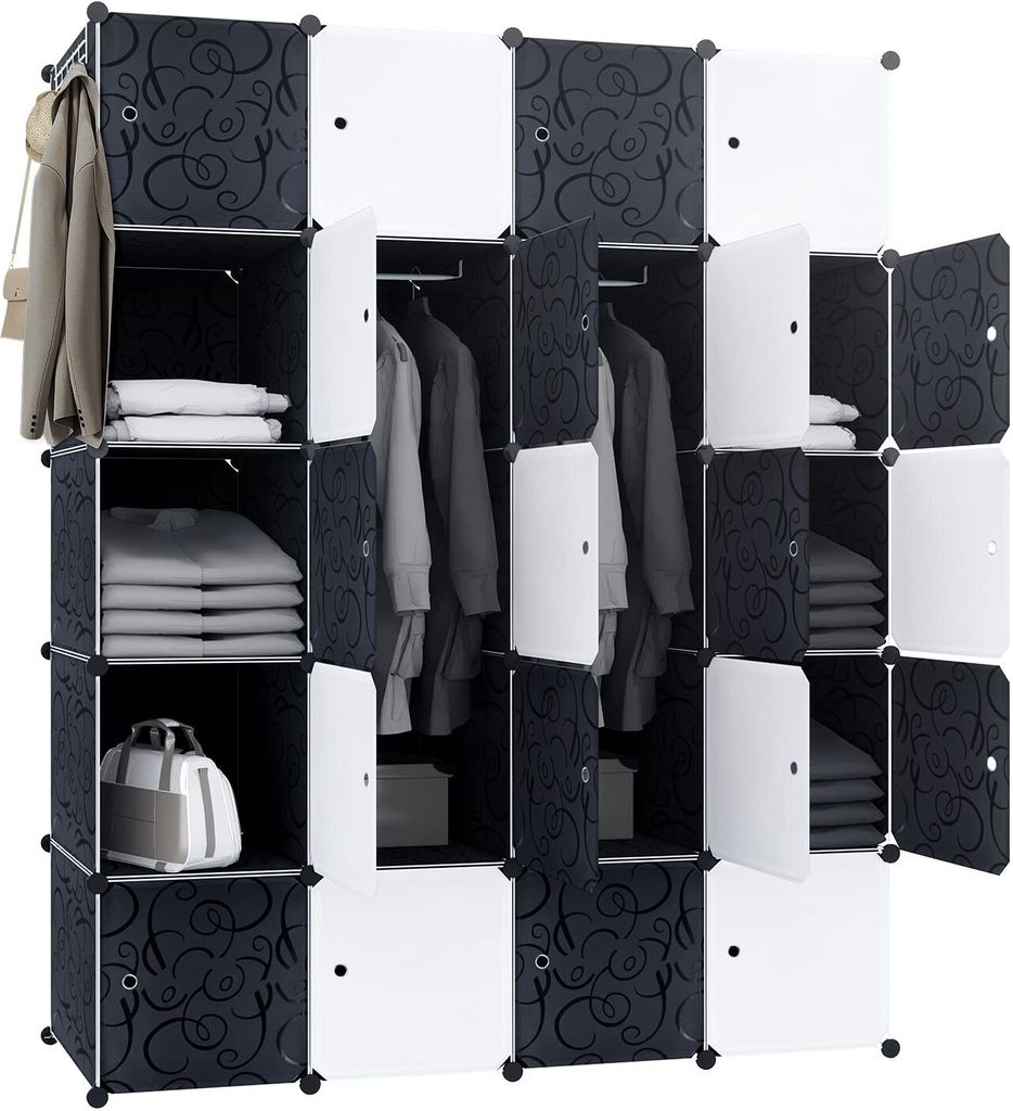 JOIEYOU Kleiderschrank Garderobenschrank Steckregalsystem DIY Kleiderschränke Kunststoffschrank mit Tür Regalsystem Schrank Standregal (Schwarz, ...