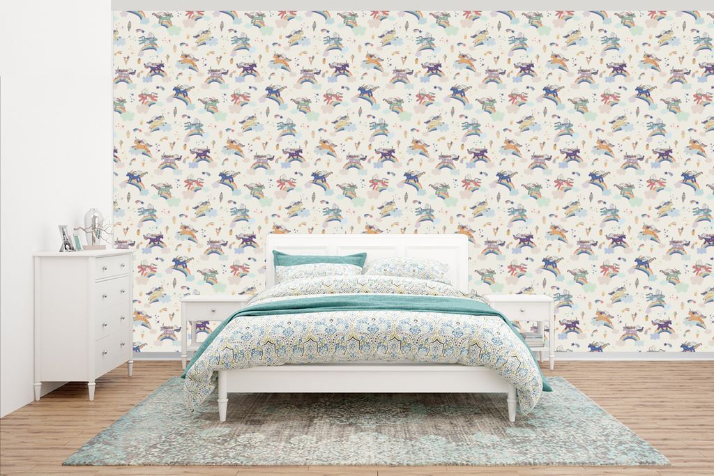 MuchoWow Fototapete für Wohnzimmer oder Schlafzimmer Wandtapete Vinyl Motivtapete Einhorn - Regenbogen - Muster - 465x260 cm - Hintergrundbild
