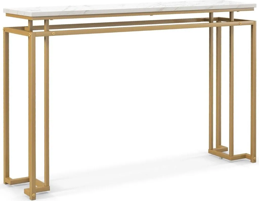 Table console 120 cm plateau faux marbre et structure dorée géométrique