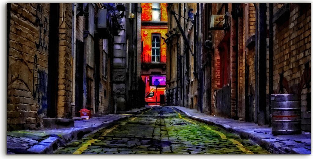Coloray Spritzschutz aus Glas 140x70 Wandkunst Küchenrückwand Kunst Bild Straße Stadt Gebäude dunkel