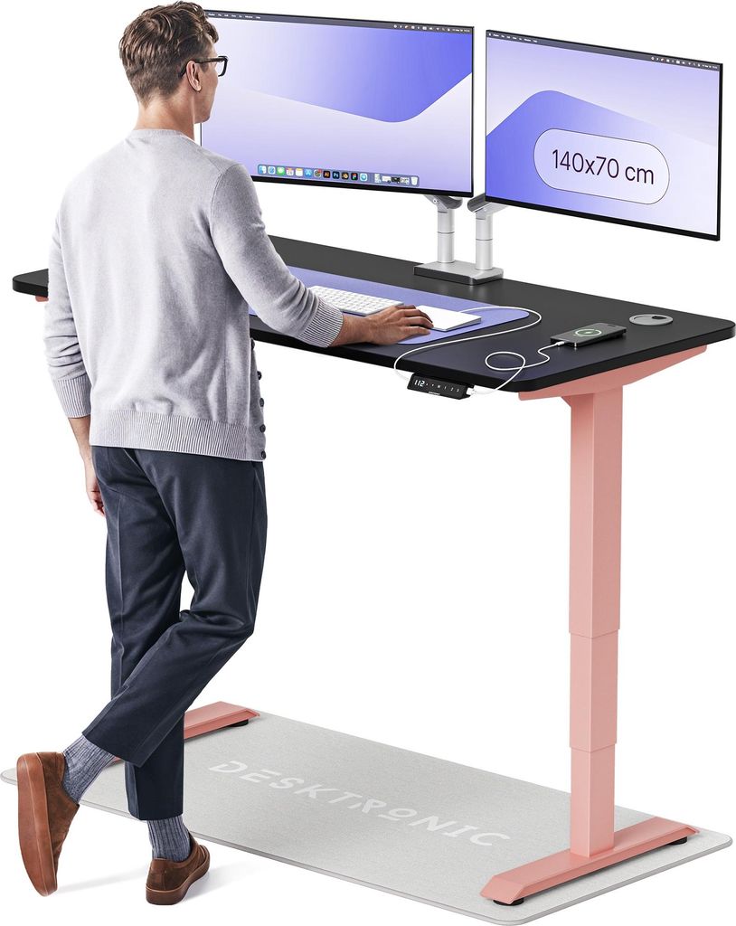 Desktronic HomePro Elektrisch höhenverstellbarer Schreibtisch 140x70cm Rosa/Schwarz mit Memory-Funktion, Anti-Kollisions Technologie, USB-A und US...
