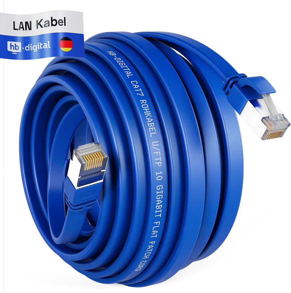hb-digital Netzwerkkabel 20m LAN Kabel Cat7 Patch Kabel cat.7 Flachkabel RJ45 Kupfer bis zu 10 Gbit/s U/FTP PVC blau