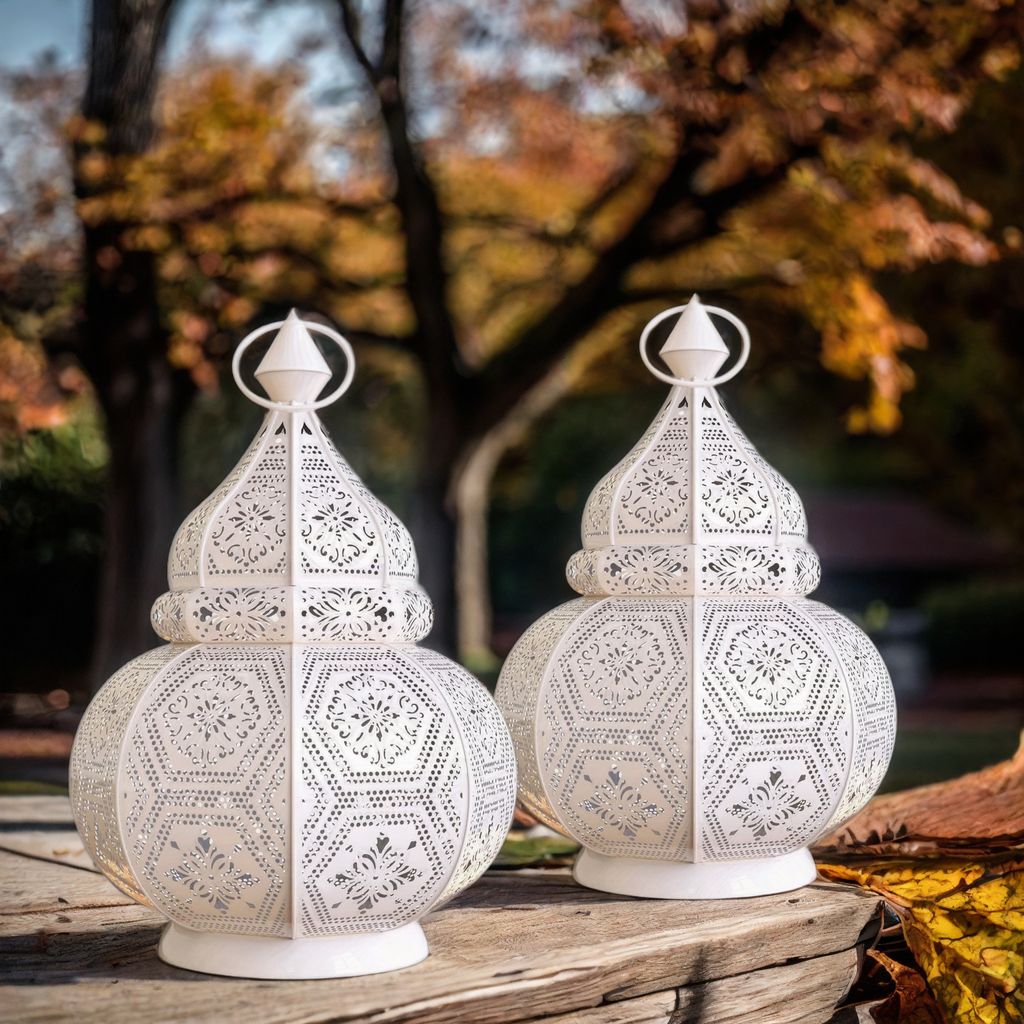 2er Set Orientalische Laterne aus Metall Maha Weiss 28cm | orientalisches Marokkanisches Gartenwindlicht | Marokkanische Metalllaterne für drauße...
