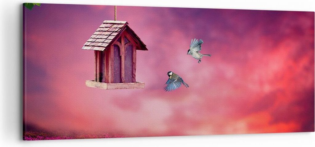 Bild auf Leinwand - Leinwandbild - Vögel Wiese Garten Dekoration - 120x50cm - Wand Bild - Wanddeko - Leinwanddruck - Bilder - Kunstdruck - Wanddek...