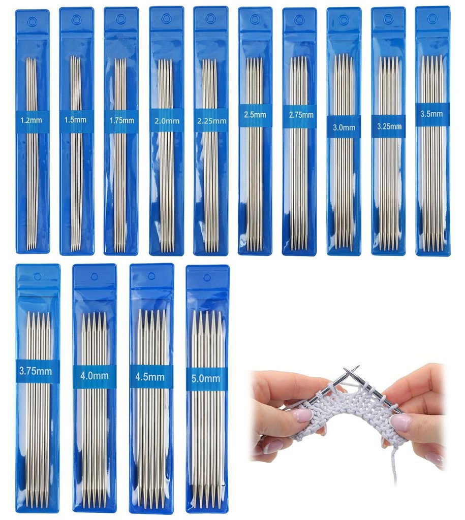 70-teiliges Set aus Edelstahl-Stricknadeln, 15 cm, Nadelspiel, 14 Größen
