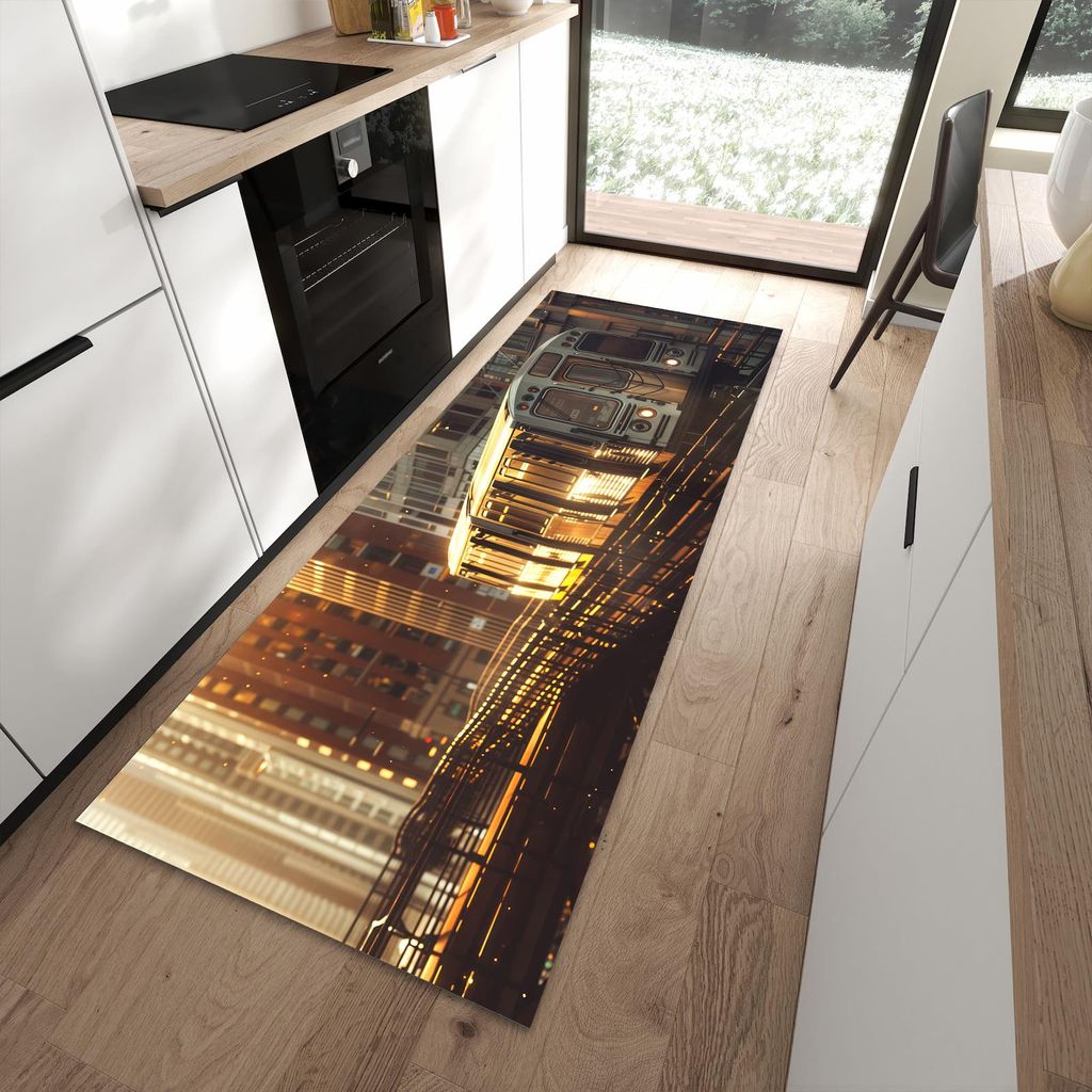 Küchenteppich 90x240cm rutschfest & abwischbar PVC Läufer - Stadtzug Sonnenuntergang