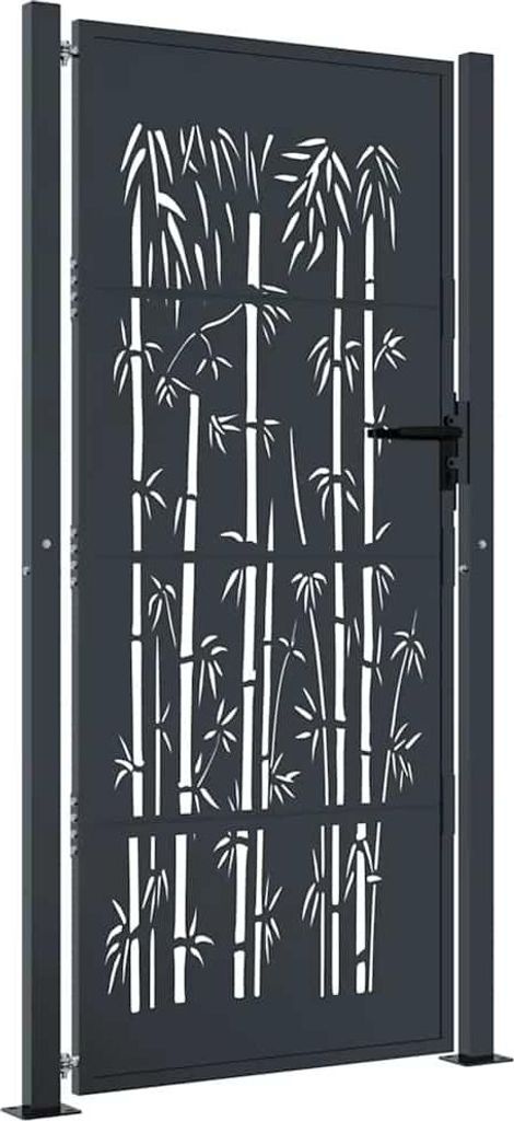 A dark gray metal garden gate with a laser-cut bamboo design.