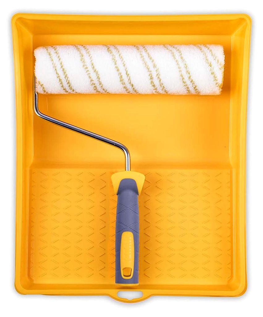 Maler Set mit Farbrolle, Farbwanne und Polyester Farbwalzen, Florhöhe 12mm, Länge 25cm, Durchmesser 48mm, weiß-gelb-grau