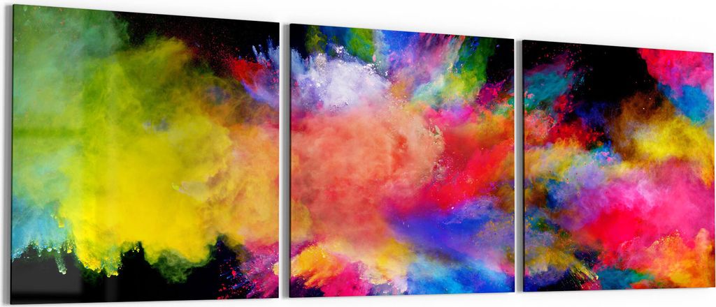 DEQORI Glasbild Echtglas 3x50x50 cm 'Zusammenknall Farbpuder' Wandbilder XXL groß