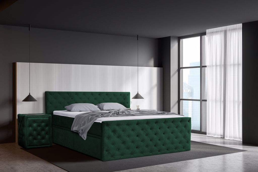 Boxspringbett 200 x 200 cm mit Bettkasten, Matratzen und Topper, Bonell-Matratzen H3, Grün Aosta