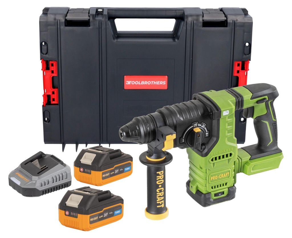 Procraft PHA30bb Akku Bohrhammer 20 V 2,8 J SDS plus Brushless + 2x Akku 4,0 Ah + Ladegerät + RHINO Toolcase