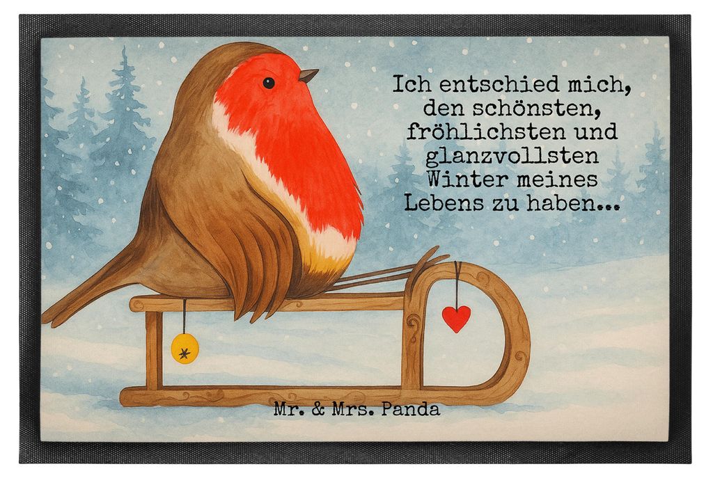 Mr. & Mrs. Panda Schuhabstreifer Rotkehlchen Schlitten Design 40 x 60 cm - Weiß - Geschenk, Haustürmatte, Bodenvorleger, Weihnachten, Vogel, Tür...