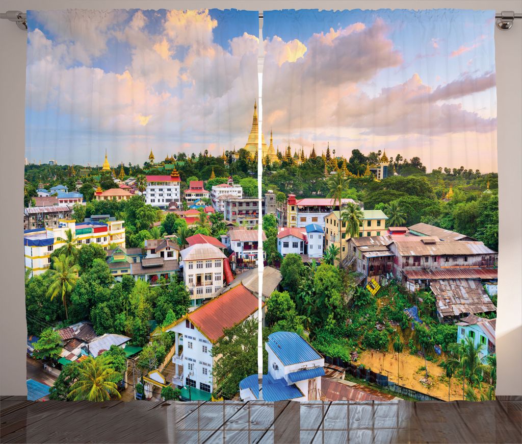 ABAKUHAUS Bunt Rustikaler Gardine, Dorf Skyline Szene, Schlafzimmer Kräuselband Vorhang mit Schlaufen und Haken, 280 x 245 cm, Mehrfarbig