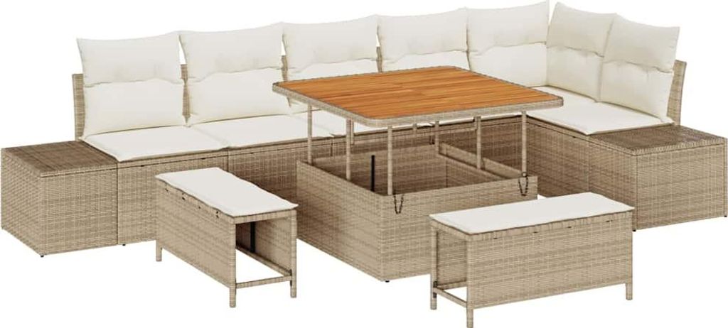 Gartensofa-set mit Kissen mit Speicher 9 pcs Beige Poly Rattan